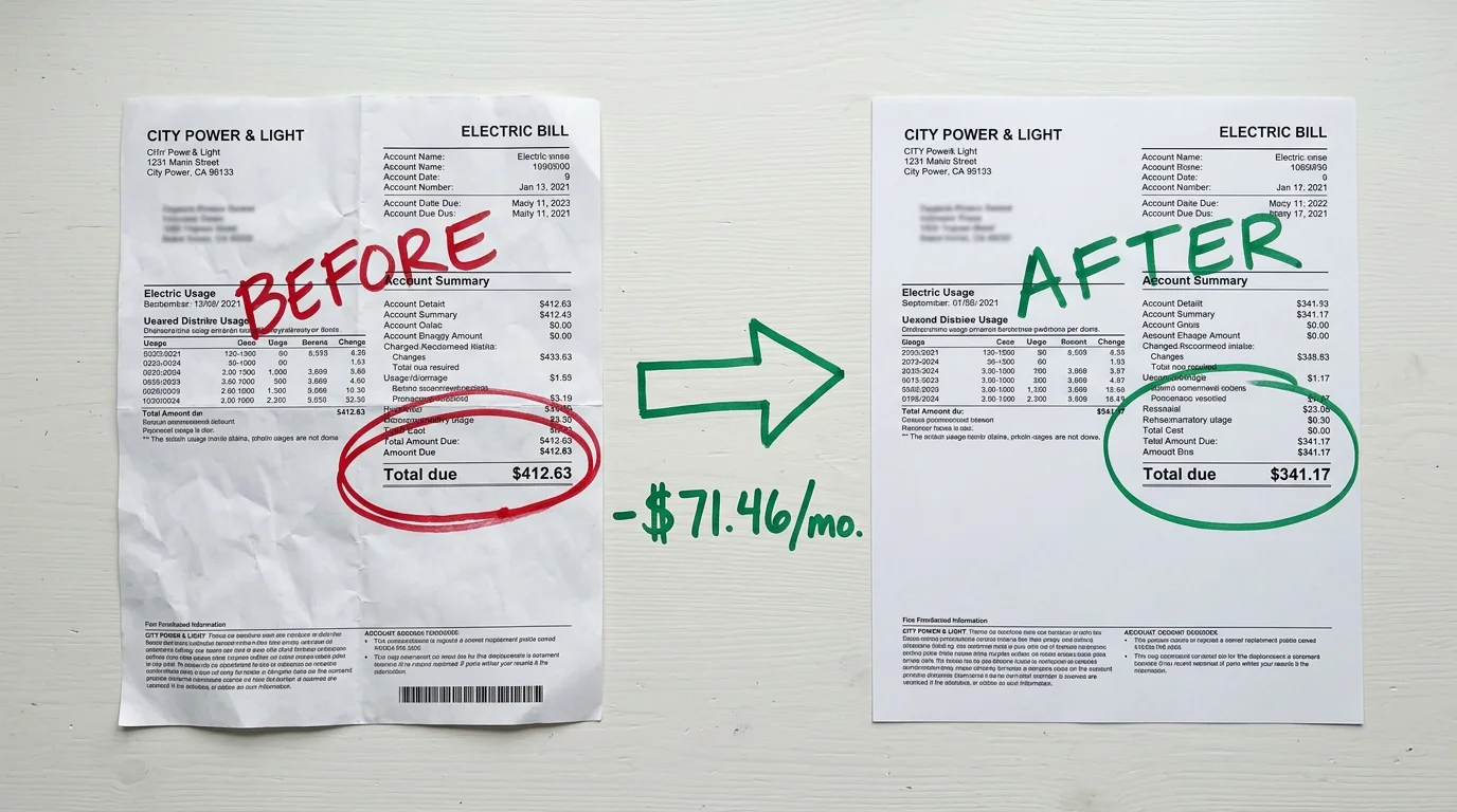 Electric bill before and after PowerGenie — from $412 to $341