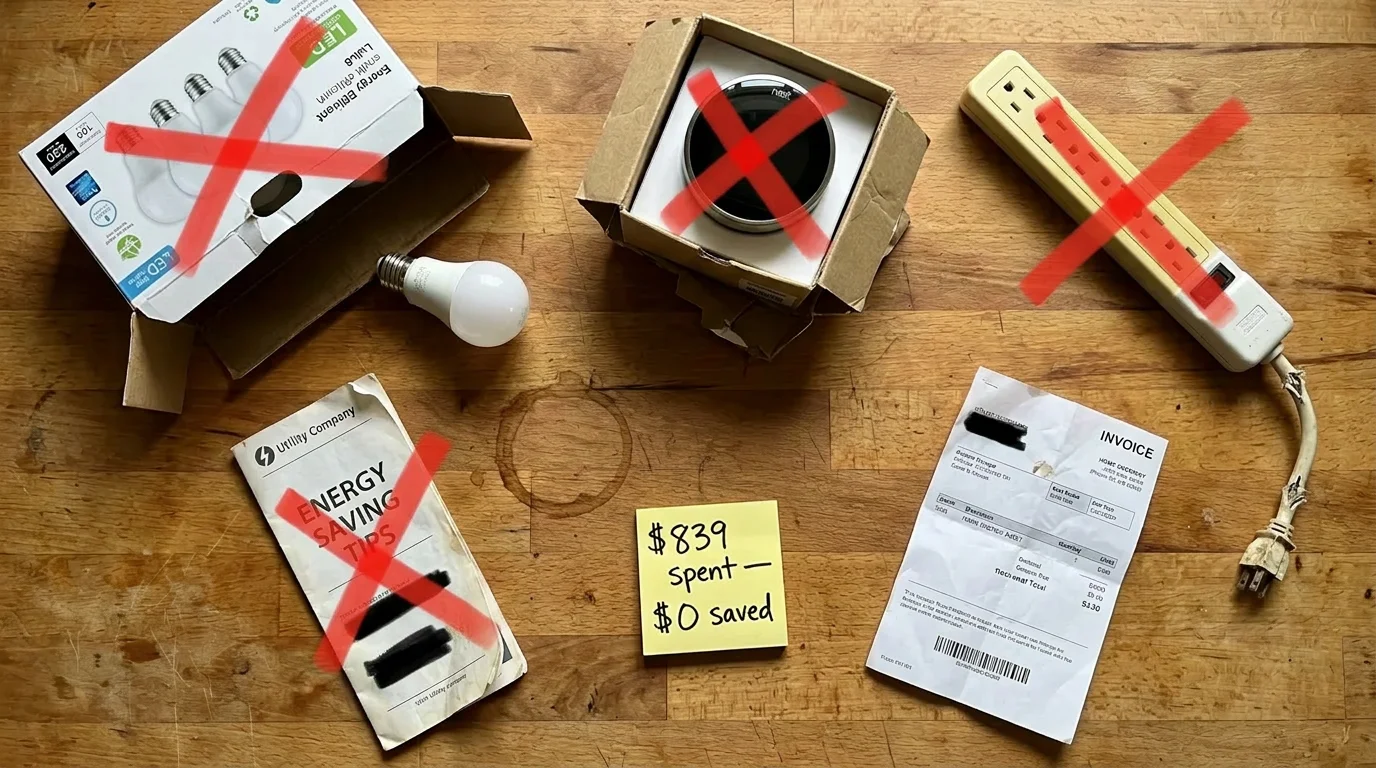 LED bulbs, smart thermostat, power strip, energy saving tips — $839 spent, $0 saved