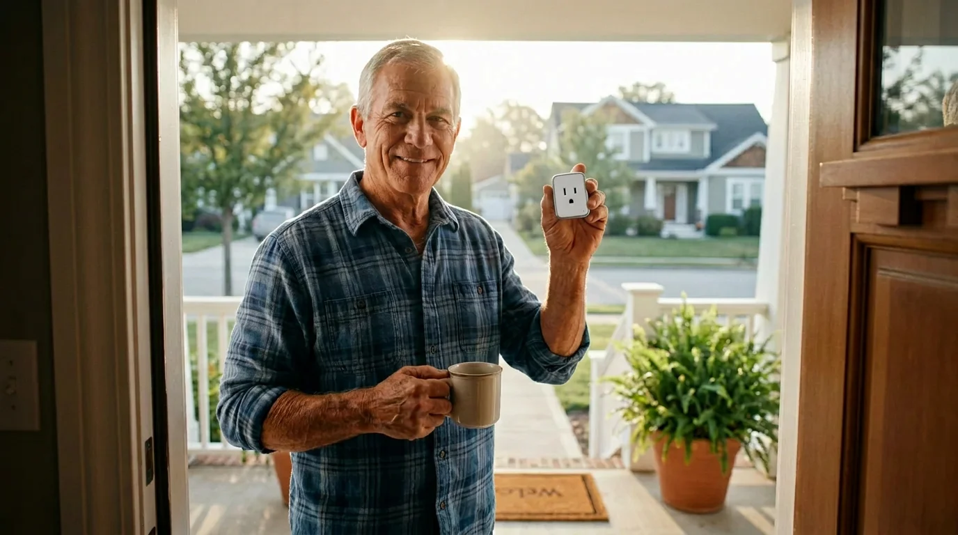 Retired electrician Frank holding the PowerGenie smart plug at front door with coffee